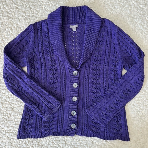 J. Jill Sweaters - J Jill Knit Sweater Cardigan Medium Cable‎ Pointelle Purple Cotton Blend Chunky